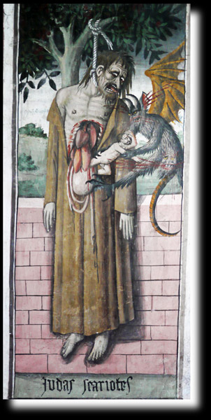 Le suicide de Judas, fresque de Canavesio à la chapelle Notre-Dame-des-Fontaines de La Brigue