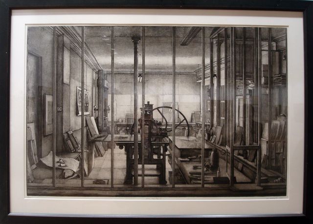 Erik Desmazières, "Atelier René Tazé VI", 1993. Eau-forte avec roulette et aquatinte, 65,5x100,5 cm