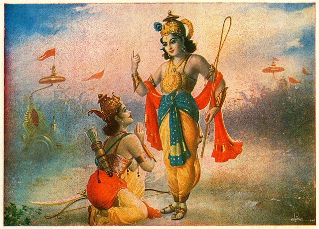 Krishna enseignant le Yoga à l'archer Arjuna, en pleine bataille