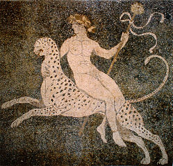 Dionysos chevauchant une panthère, mosaïque macédonienne de Pella, Grèce (4e siècle avt JC). Wikimedia